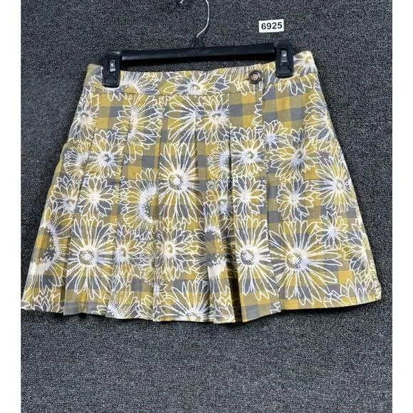 Urban Outfitters Sun Flower Print Pleated Plaid Skirt Womens Size M Yellow White - Picture 1 of 9